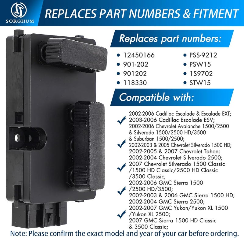 Sorghum Power Seat Switch - Front Left Driver Side Adjustment Switch Control 8 Ways Compatible with 2002-2007 Chevrolet Avalanche Silverado GMC Sierra Yukon Cadillac 12 Pins Replace# 12450166 901-202 - Image 4